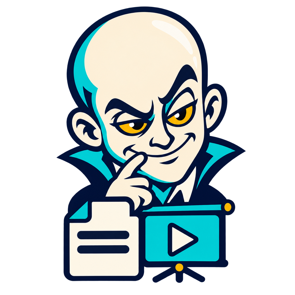 MAD's scheming Mr Evil mascot above a document and a presentation