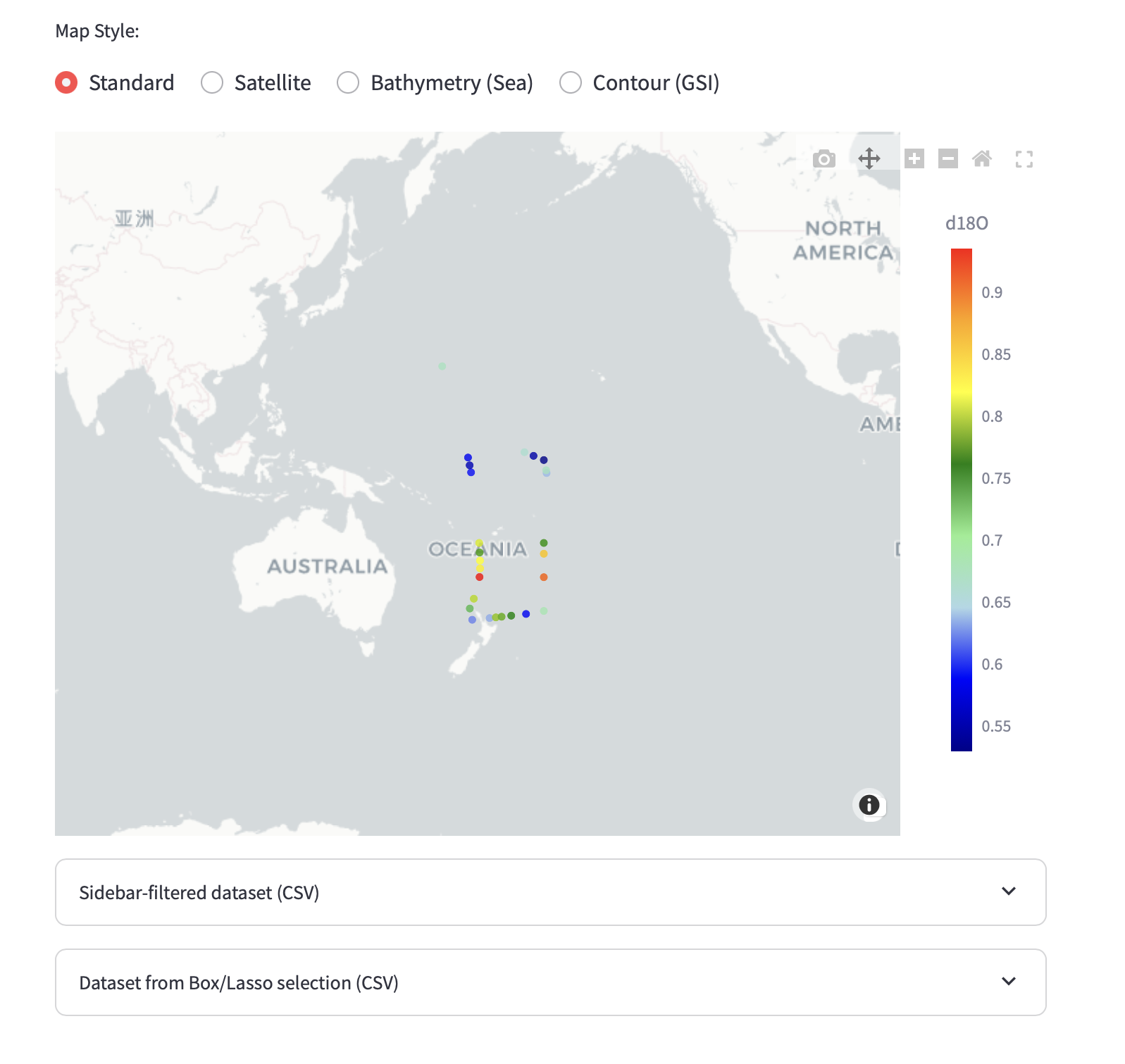 Highlight the corresponding sampling locations on the map.
