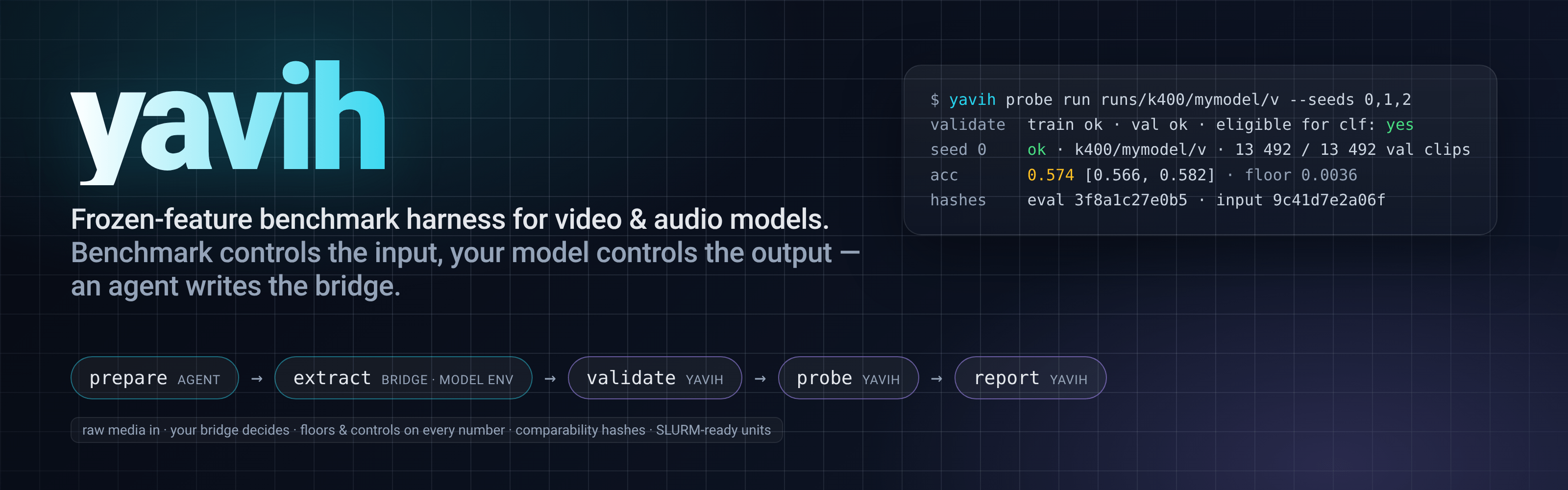 yavih — frozen-feature benchmark harness for video and audio models