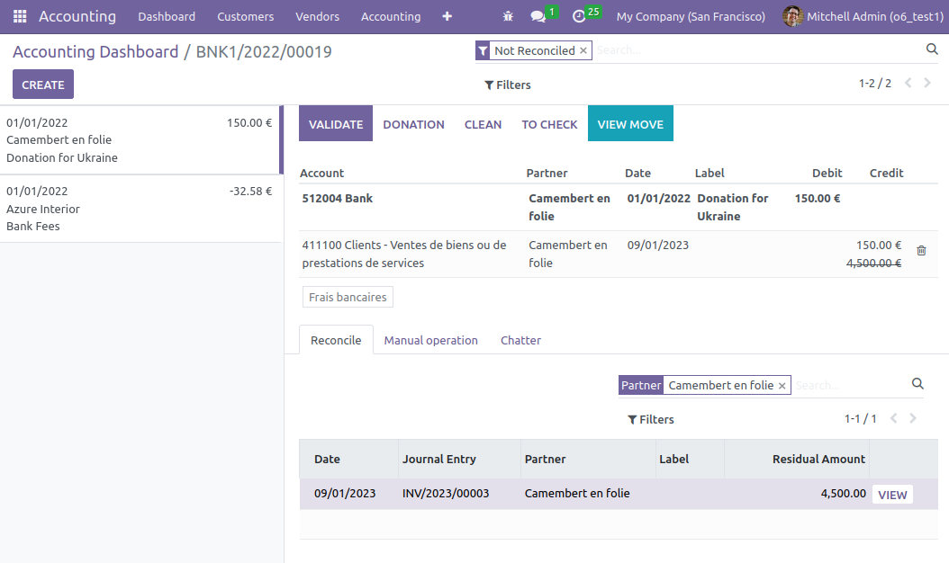 OCA bank statement reconcile interface