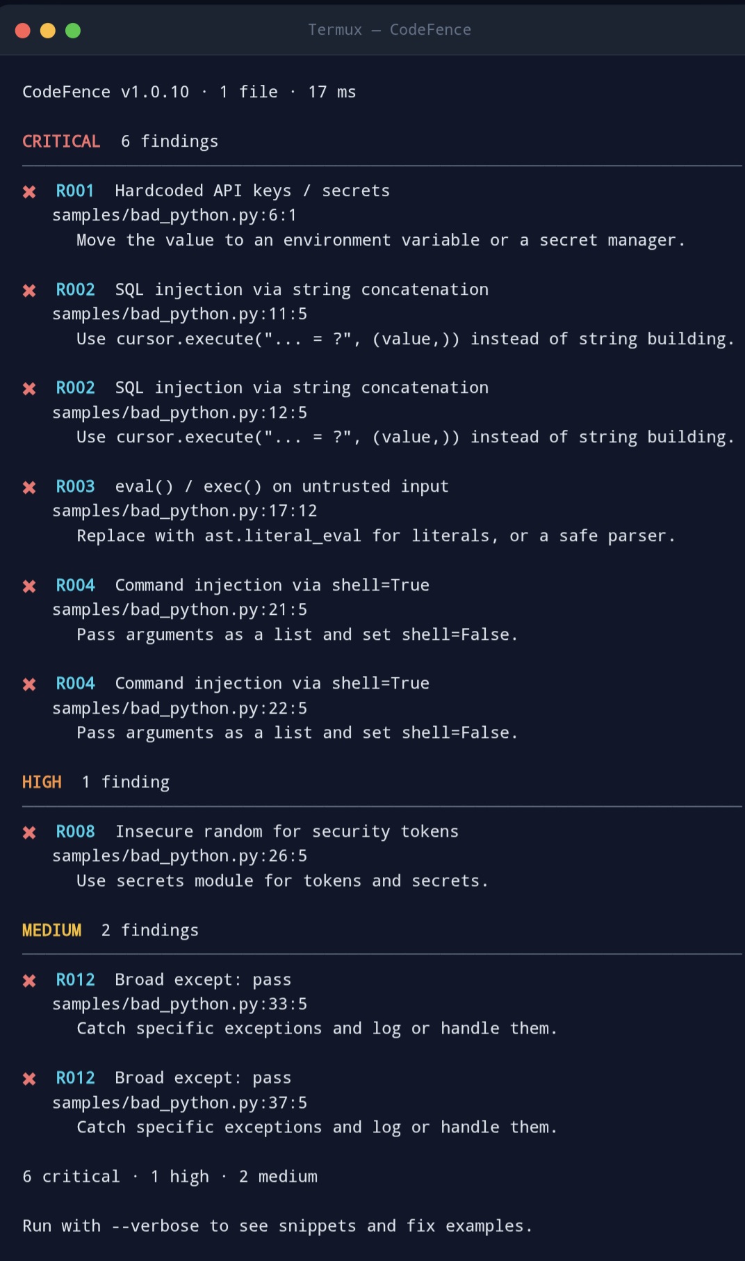 CodeFence --verbose output: each finding includes the matched code snippet and a typical before/after fix example