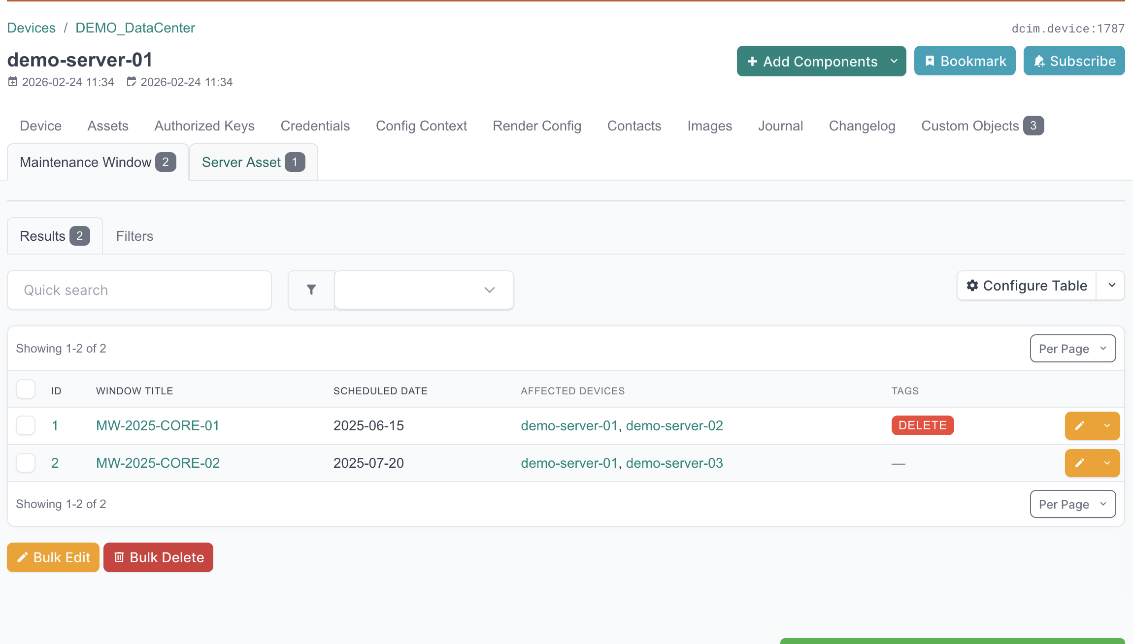 Custom Objects tab showing 3 linked objects with type filter dropdown