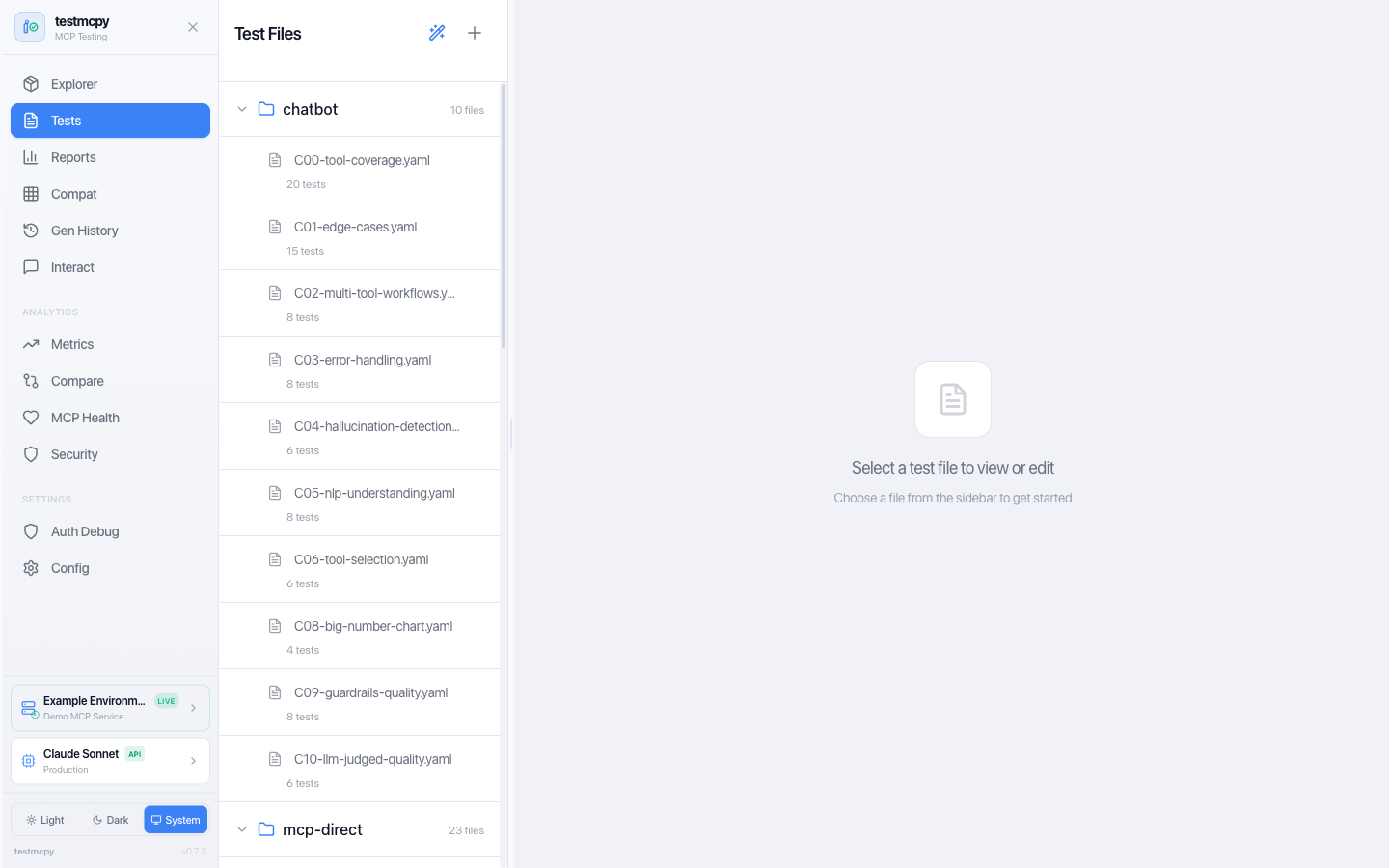 Test Manager — browse YAML suites, kick off runs, watch results stream in