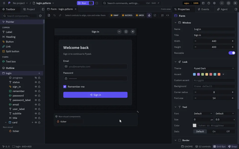 A Timer dropped on a form lands in the tray and is listed under Non-visual in the Outline