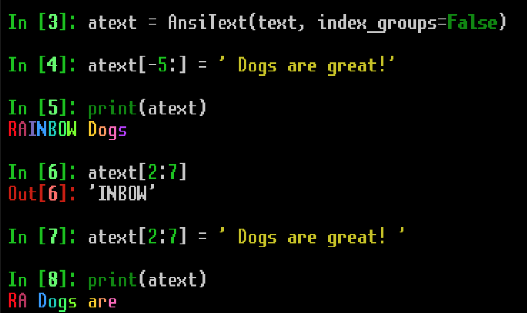 an AnsiText object demonstrating some caveats in the alternate index mode