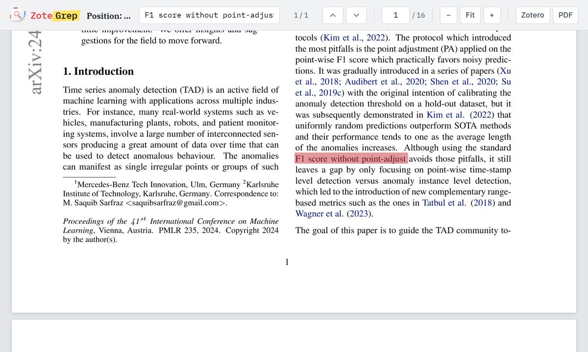 The built-in PDF viewer opened on page 1 of the paper, with the clicked match selected