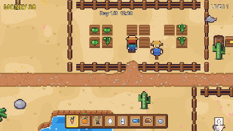 A desert farm: sand, palms and cacti