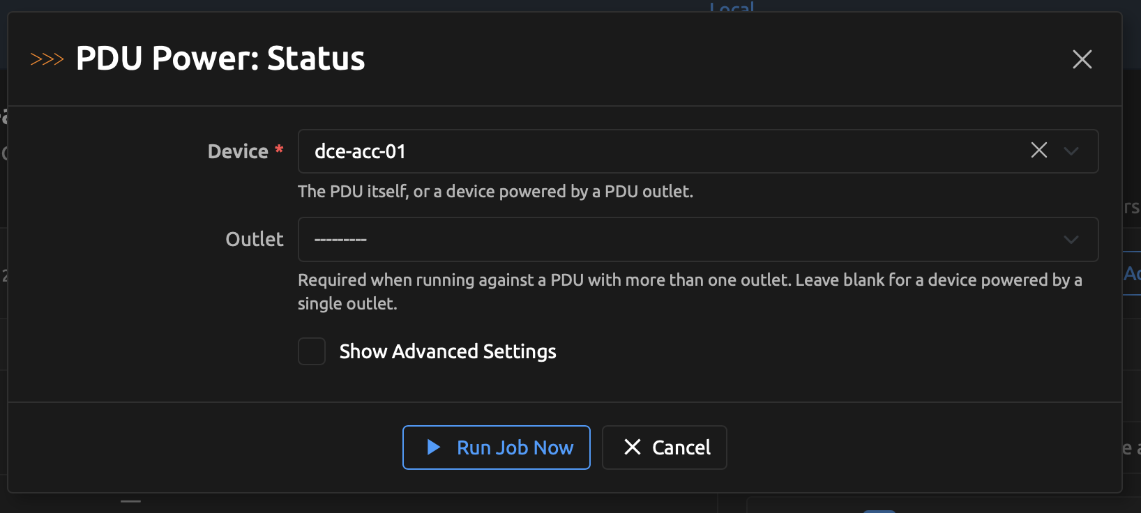 PDU Power Status job modal