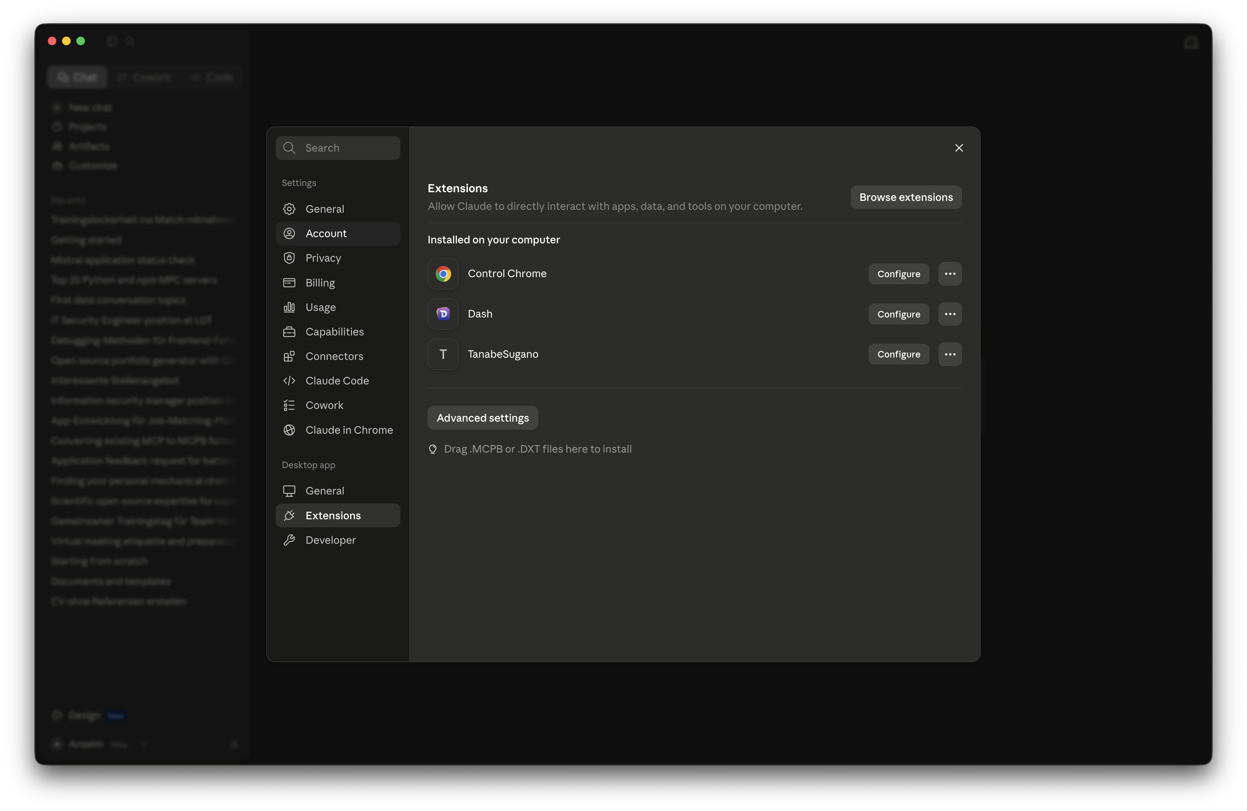 Claude Desktop Extensions panel — installed extensions and drag-to-install hint