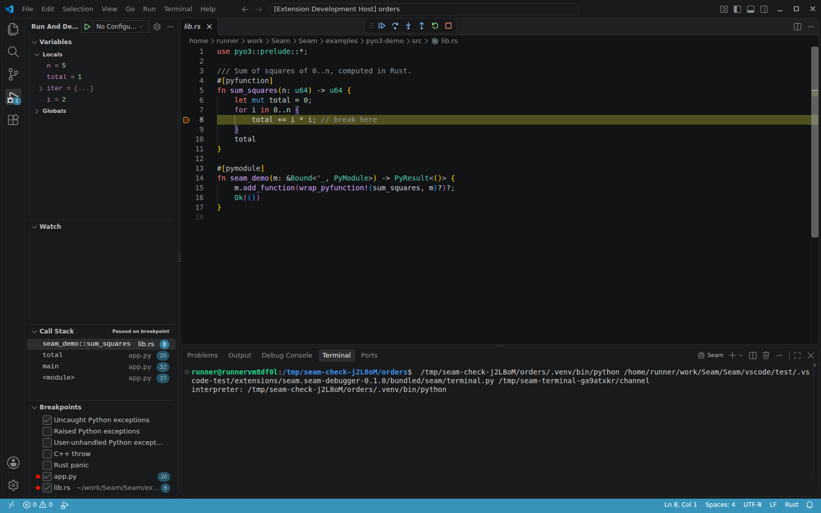 A Rust breakpoint with Python callers in the same VS Code call stack