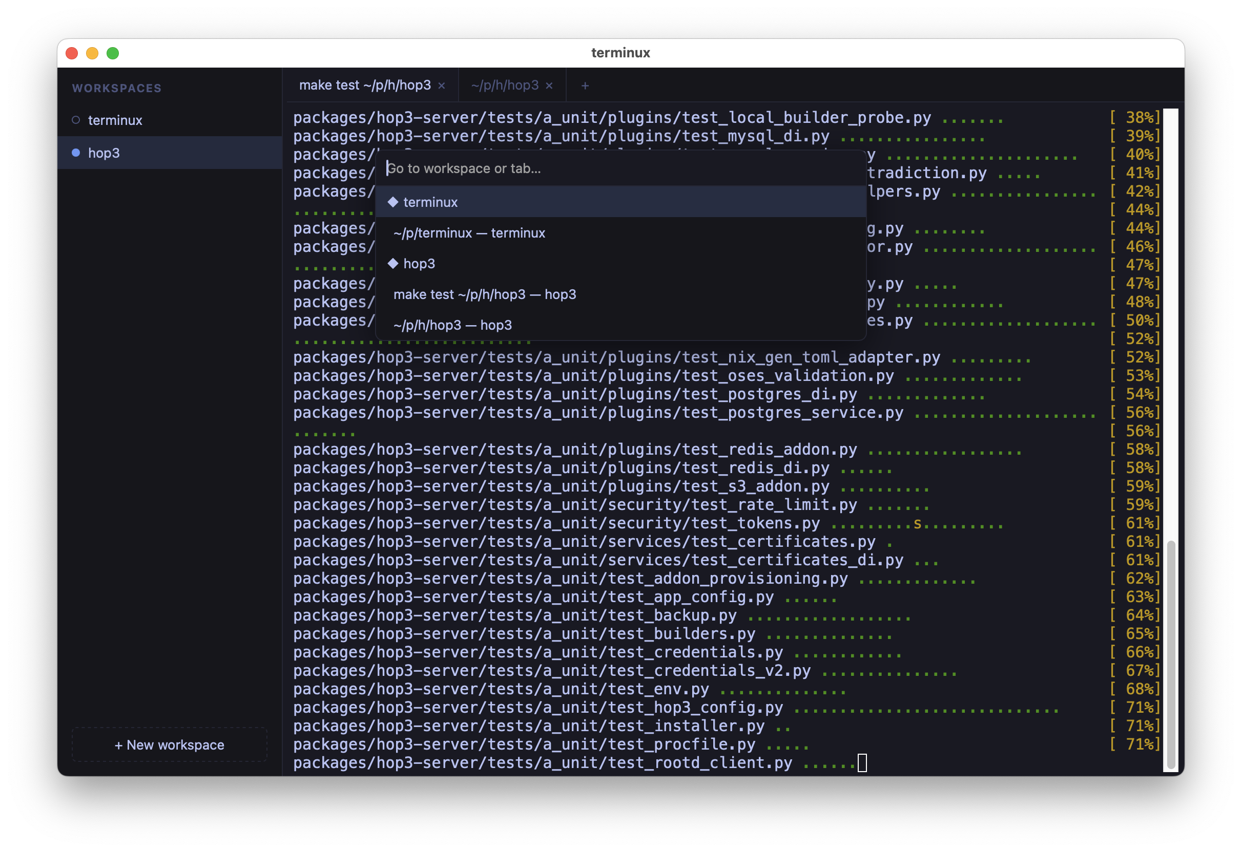 The fuzzy quick switcher (Ctrl+Shift+P / Cmd+P) jumping between workspaces and tabs