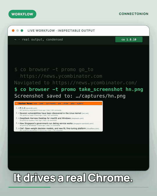 Real co 1.8.10 runs: co browser reads the top Hacker News story, co search and co fetch answer with sources, co email sends from the agent's own address, and co ai hands a task to Codex and Claude Code