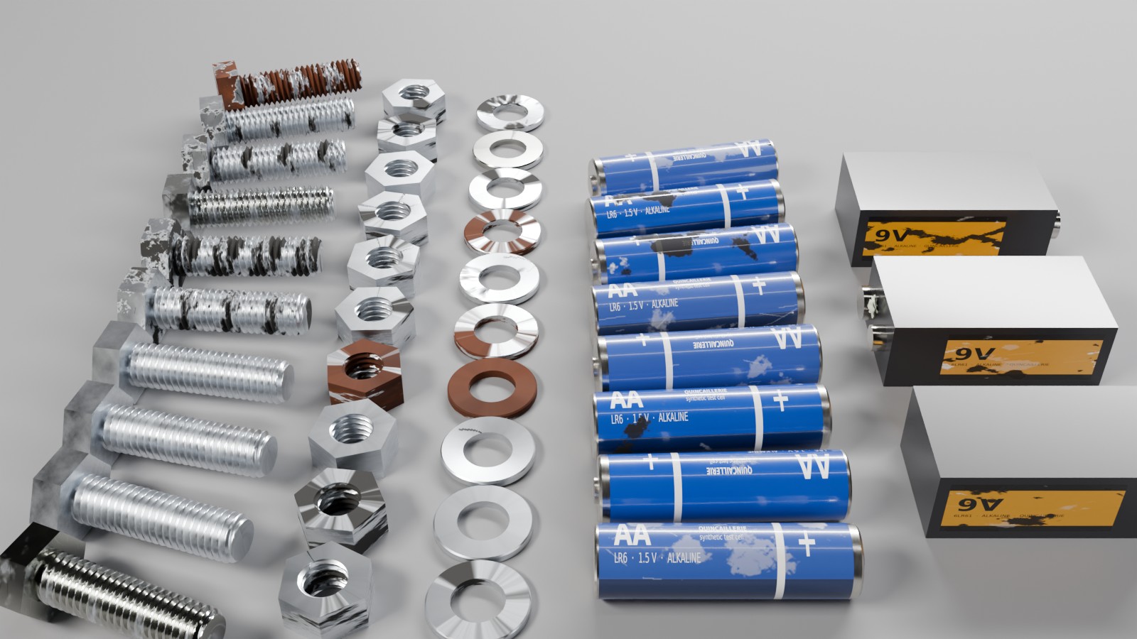 Ten instances of an M10 screw, nut and washer, eight AA cells and three 9V blocks, each drawn with its own variation