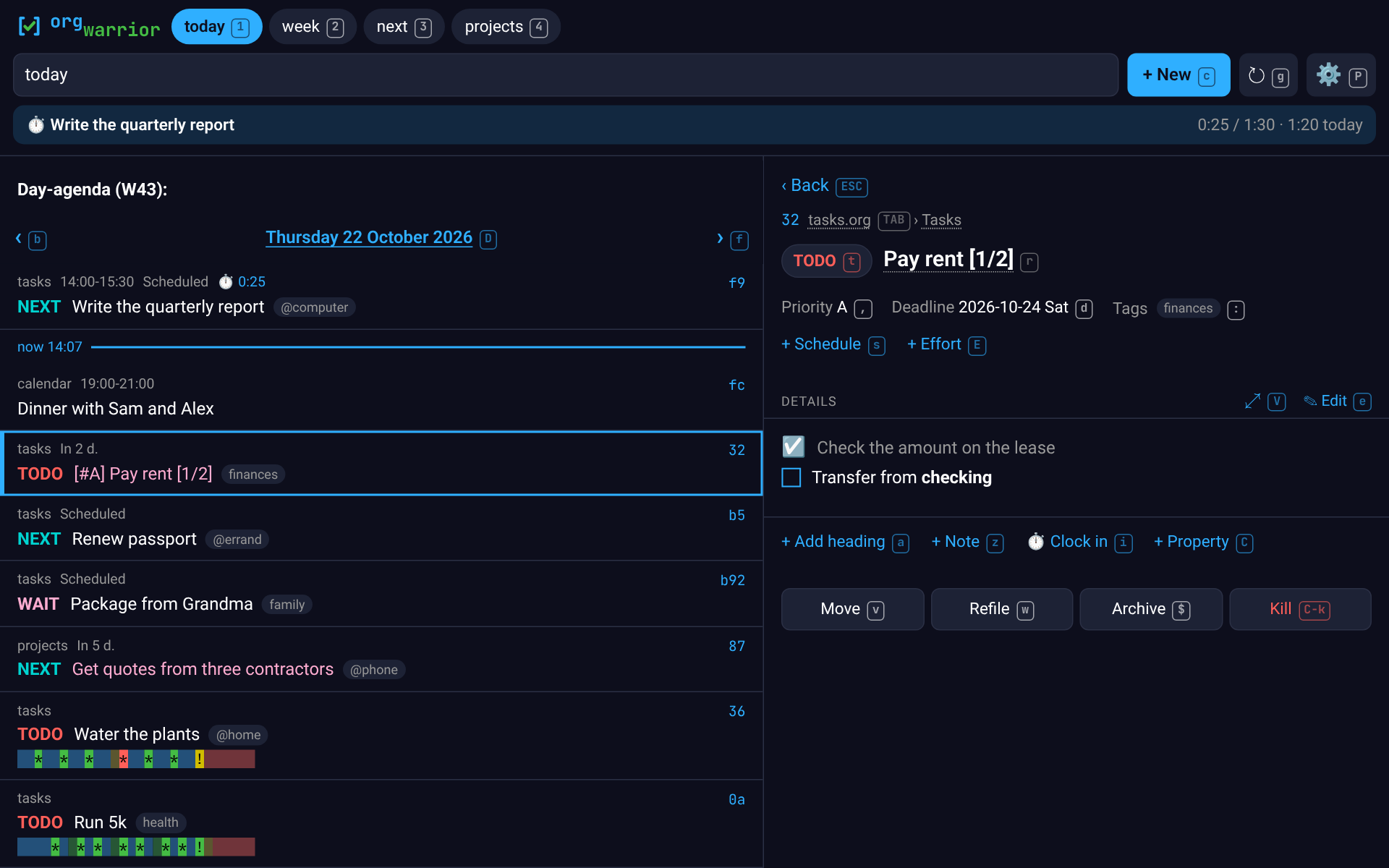 The desktop page in dark mode with the keyboard in use: a cursor on a row and every control showing its key