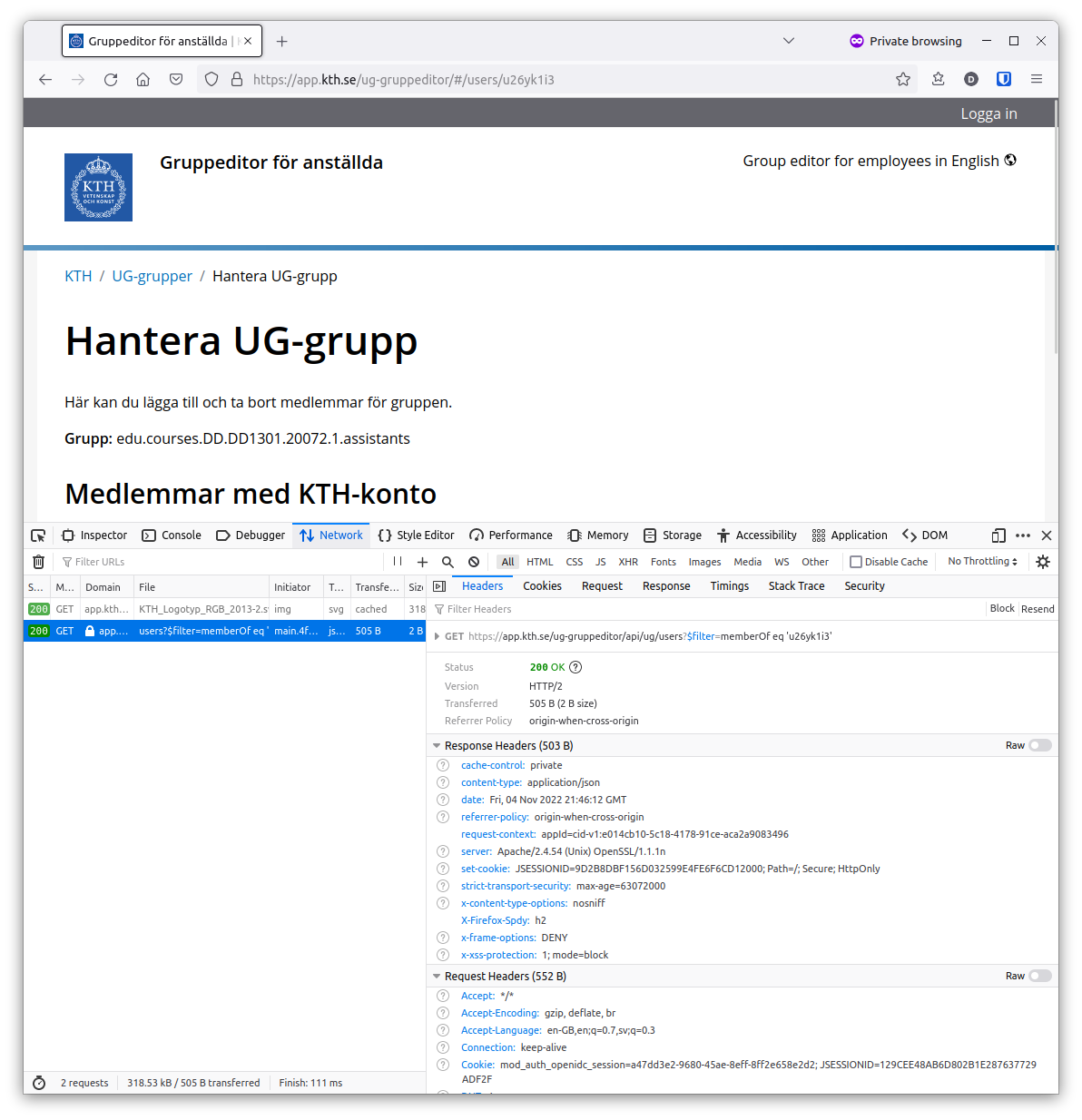 Screenshot of the KTH UG Editor with Firefox's Developer Tools open, showing network requests made.
