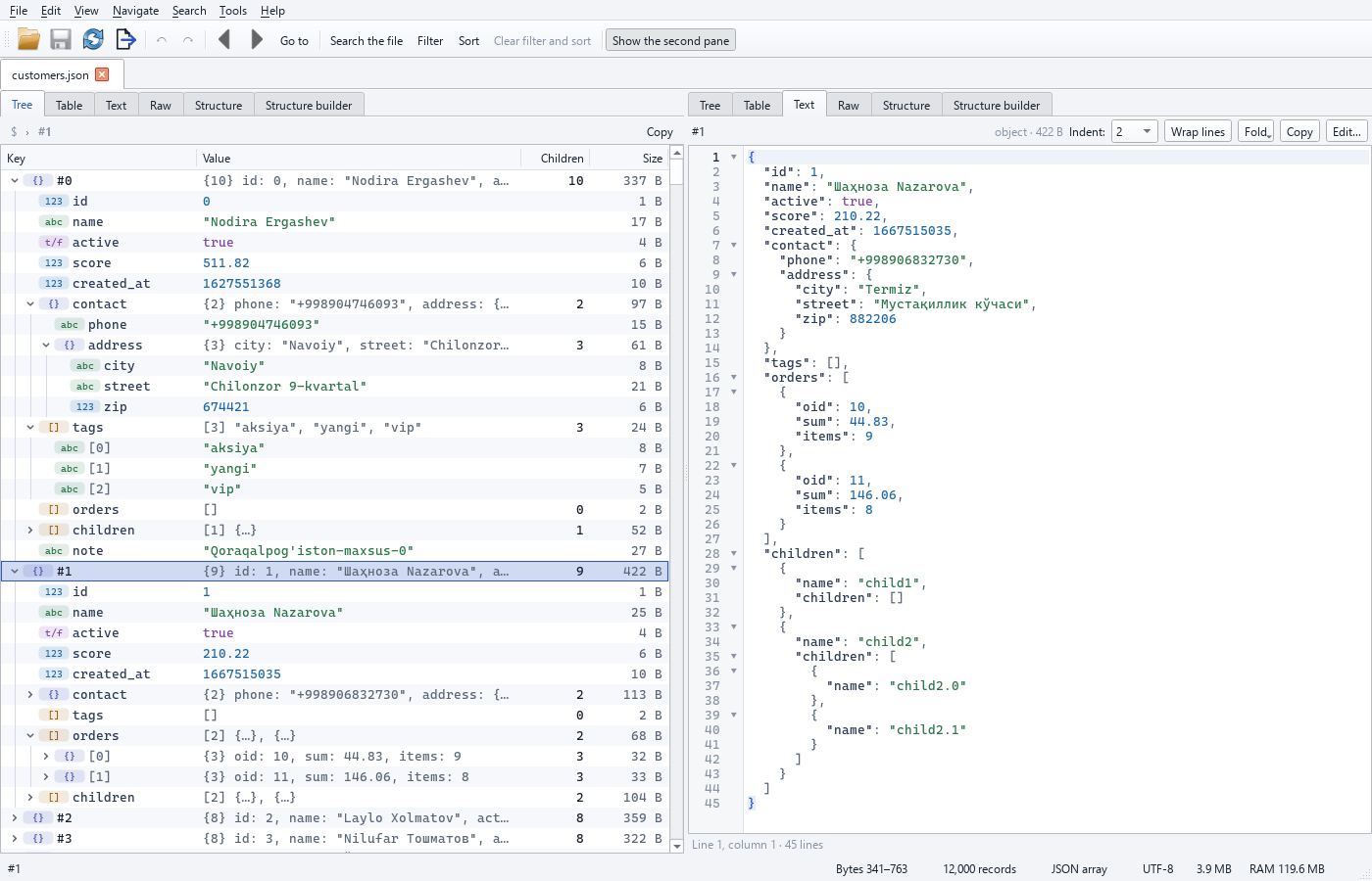 jsonreshape in the light theme: the tree of a 12 000-record JSON array with record #0 expanded (contact → address, tags) and record #1 selected, shown as text in the right pane