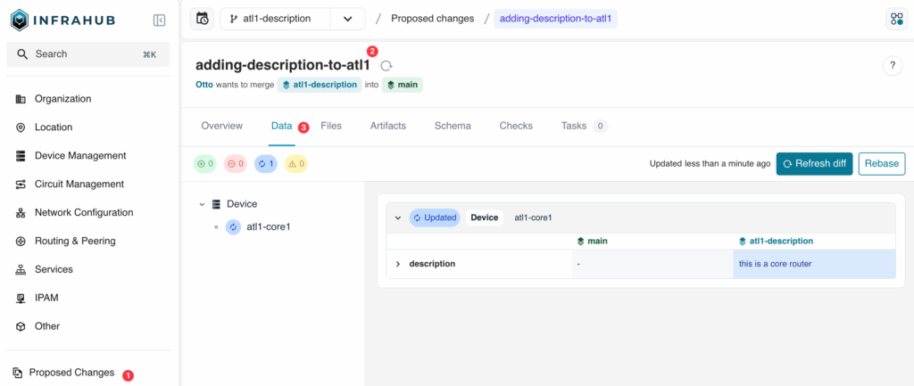 Infrahub proposed change interface with reviewers, comments, and merge controls