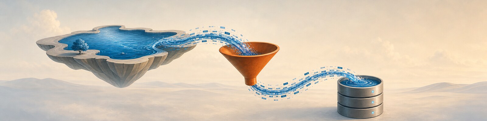 Surreal banner showing Delta Lake data flowing through a Rust-orange funnel into a database barrel.