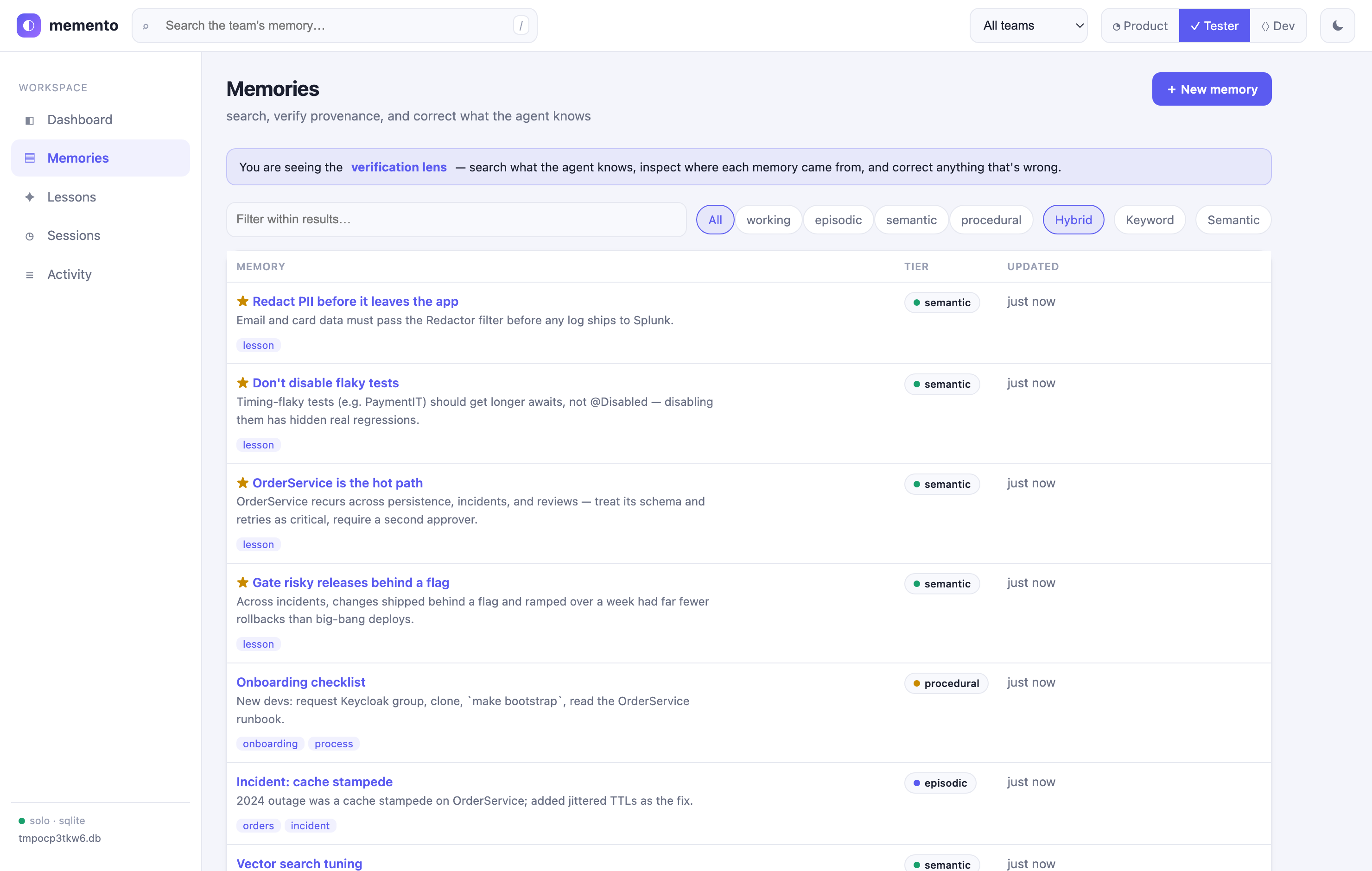 Tester lens — search, verify provenance, correct memories