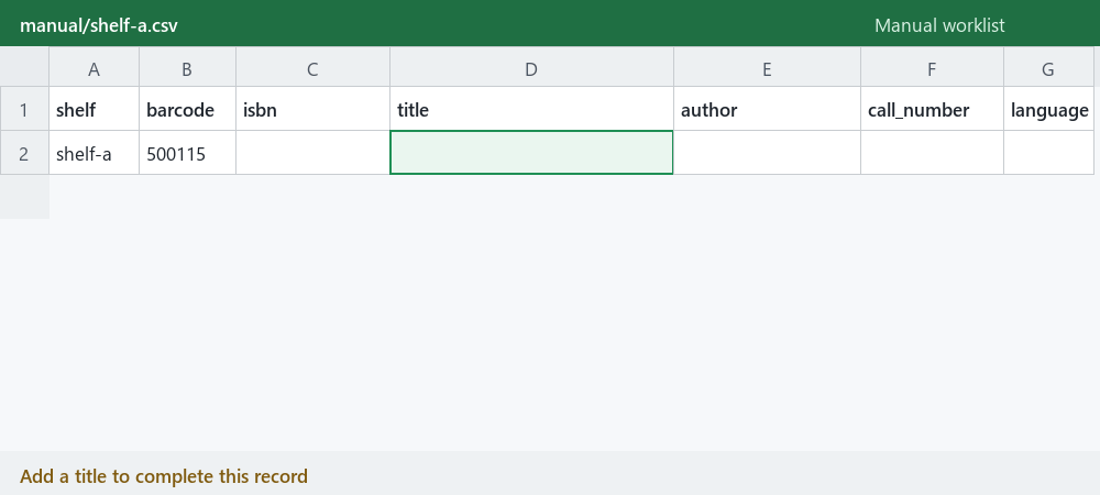 Example of completing the title in the manual shelf worklist