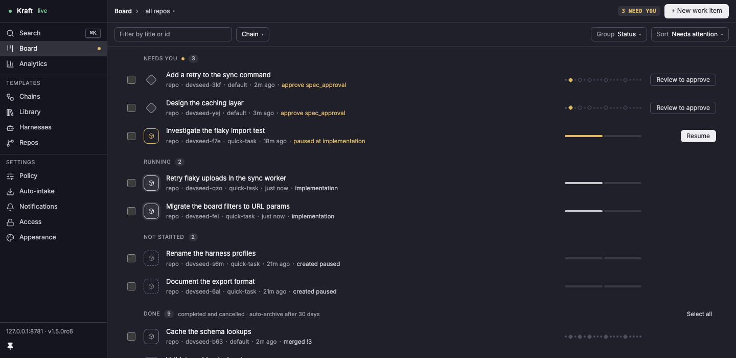 The Kraft board: work items grouped by Needs you, Running, Not started, and Done