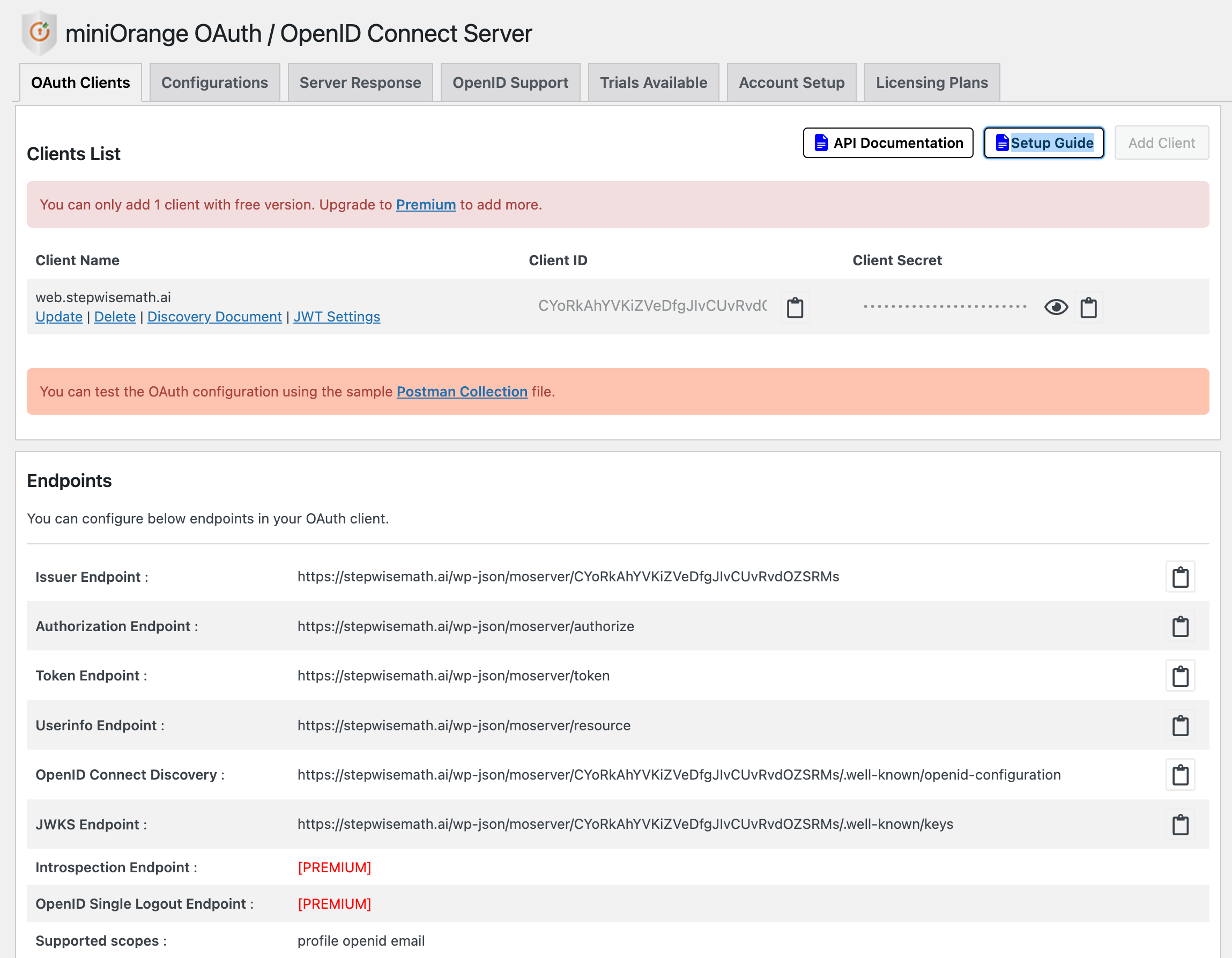 miniOrange OAuth configuration page