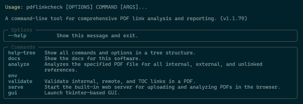 Screenshot of the pdflinkcheck CLI Tree Help