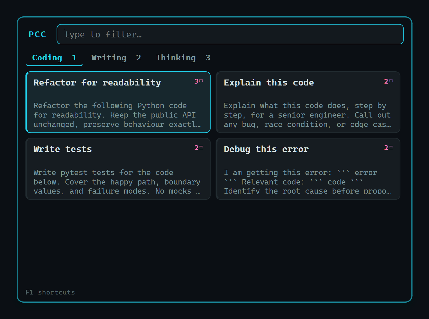 The PCC palette summoned over the desktop, showing coding templates in a grid.