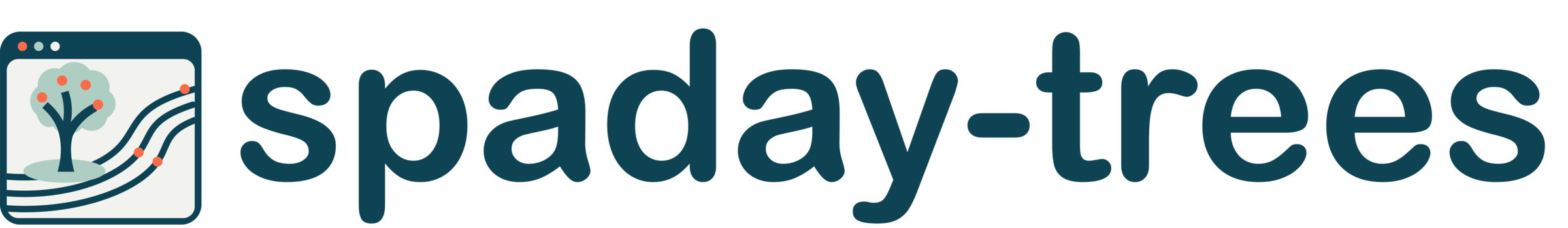 spaday-trees logo, trees and a stream inside a browser window