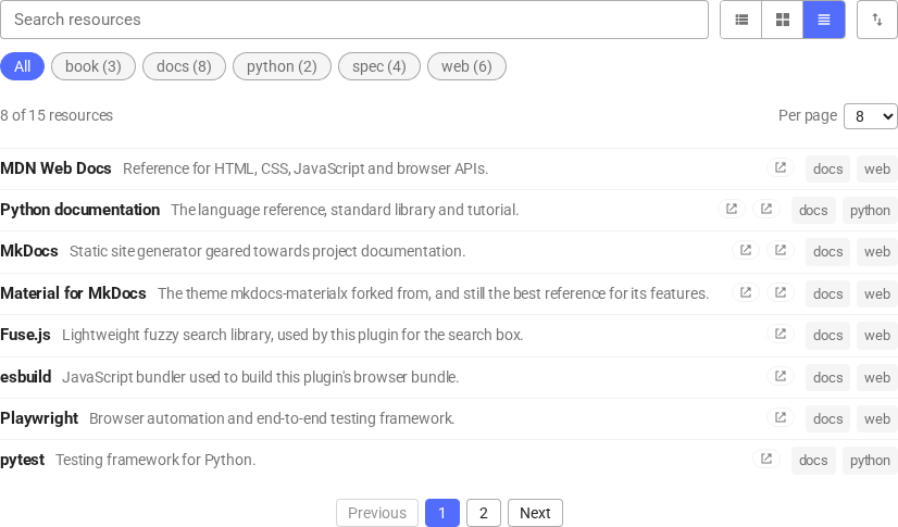 One row per bookmark: a bold title, a single-line description, then unlabelled link icons and tag pills aligned to the right edge.