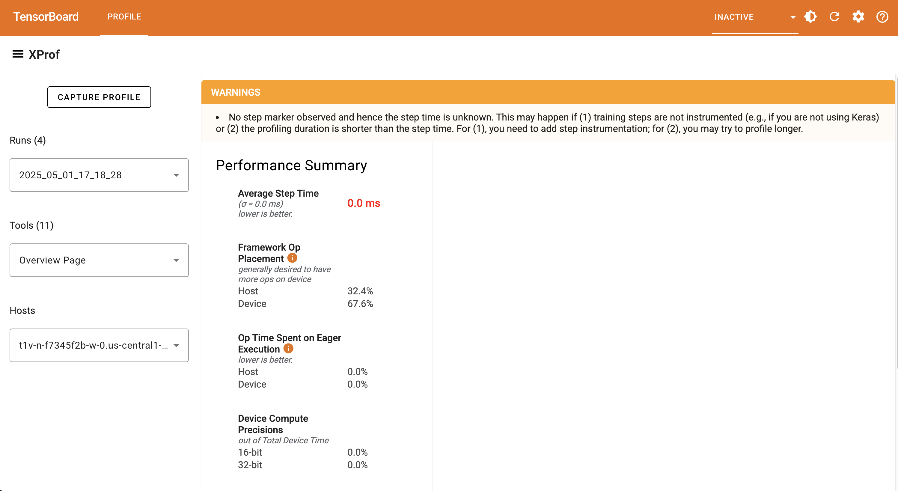 TensorBoard UI on profile tab