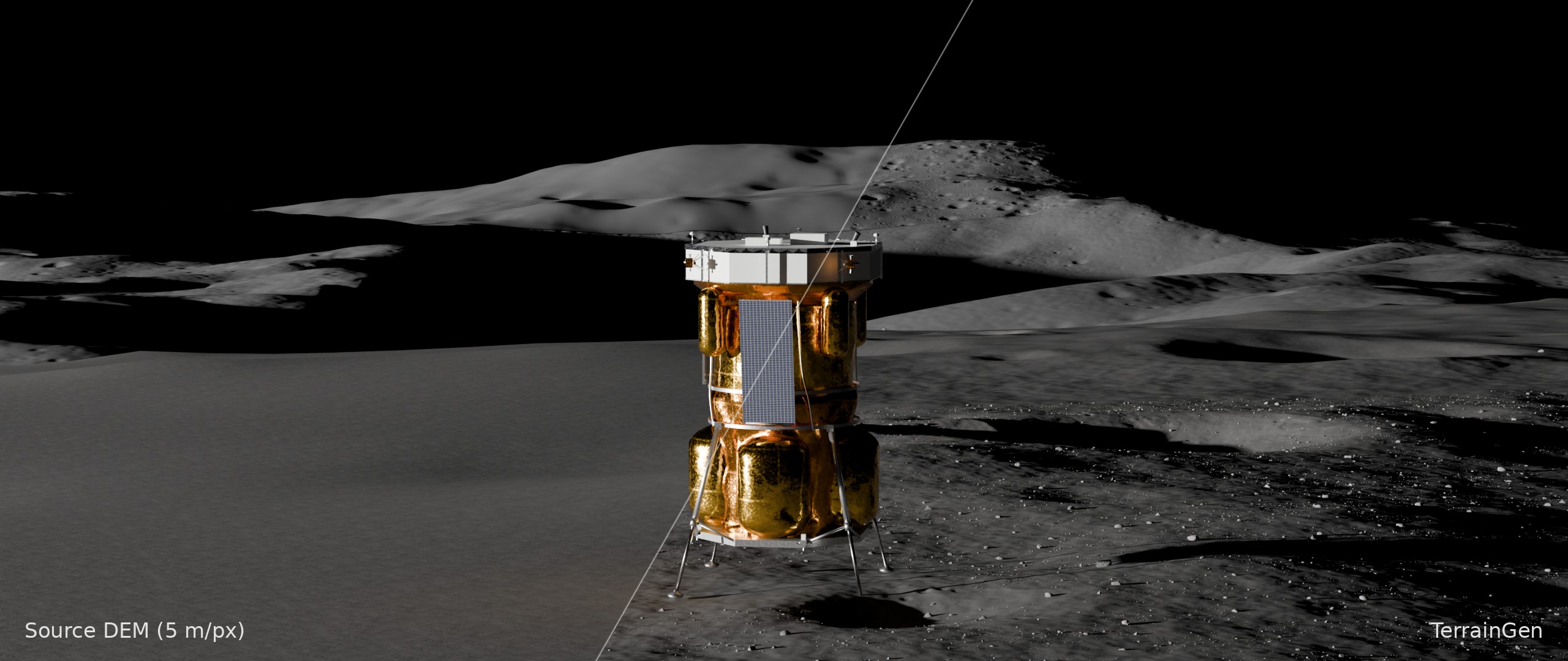 Blue Moon MK1 SN101 lander at Connecting Ridge, with Mons Malapert in the background, split between the source elevation model and TerrainGen's upscaled terrain