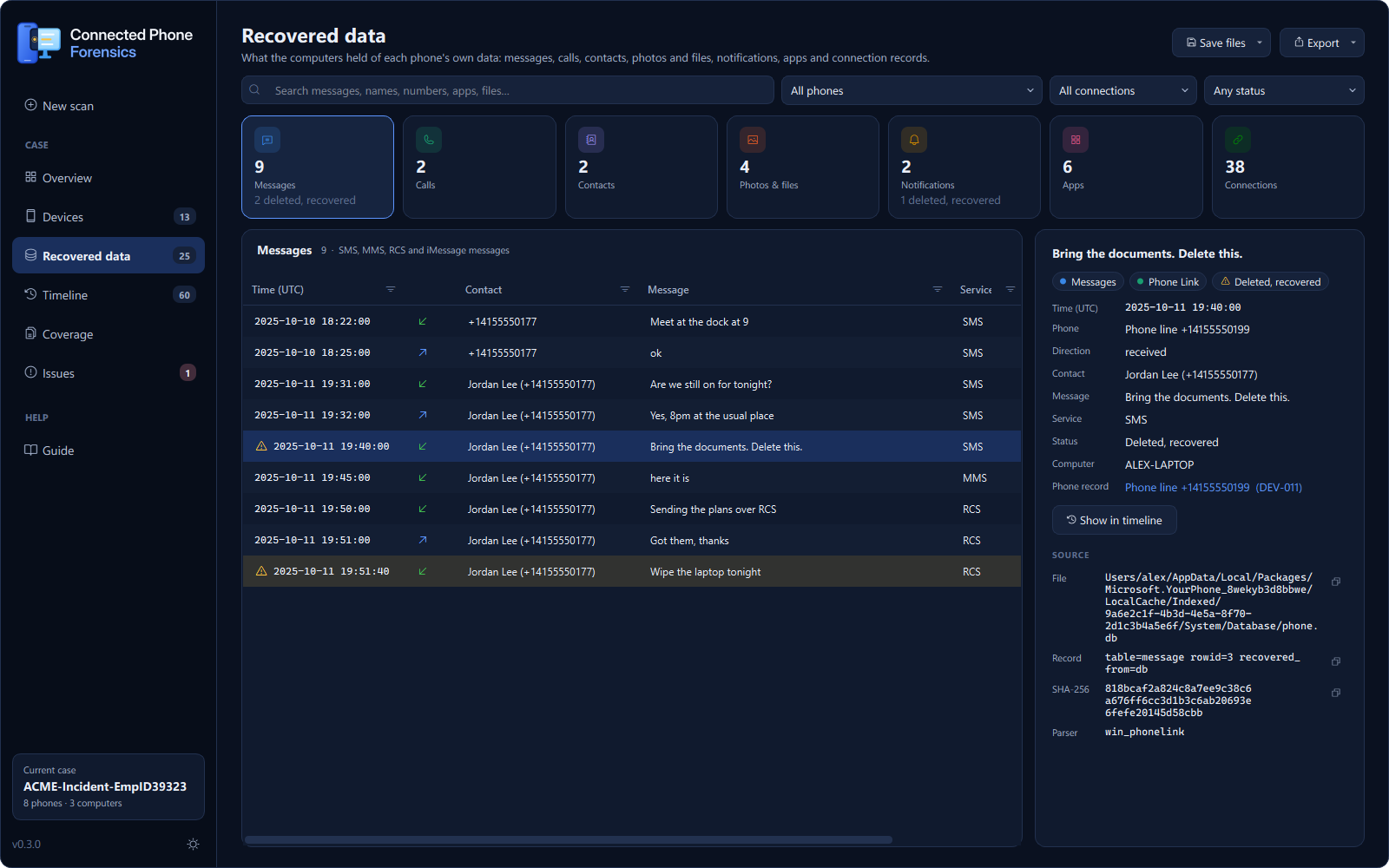 Recovered data: messages per phone, with a message recovered after deletion selected