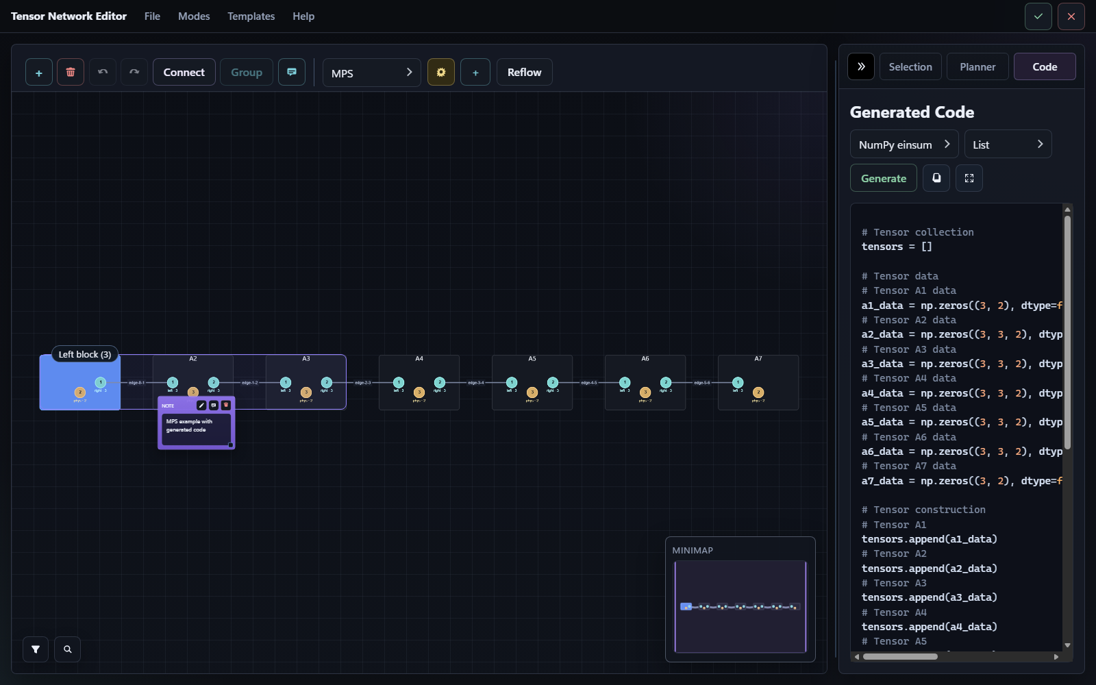 Tensor Network Editor overview with canvas, selection tools, and generated code preview