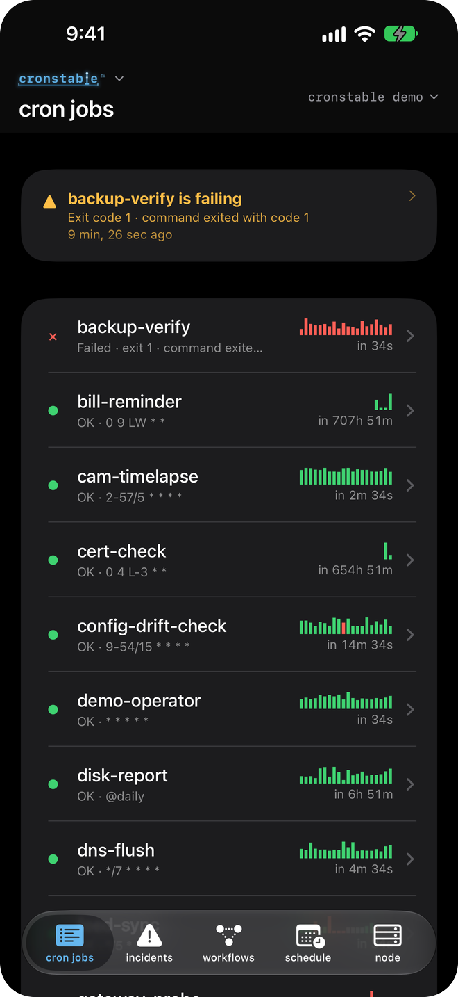 The app's jobs board in dark mode: a failing-jobs banner above each job's status, schedule, next-run countdown, and run sparkline