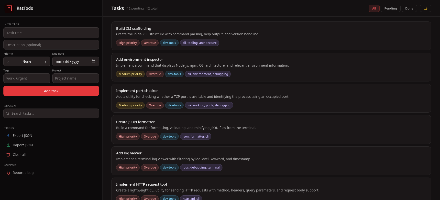 RazTodo Web task management interface