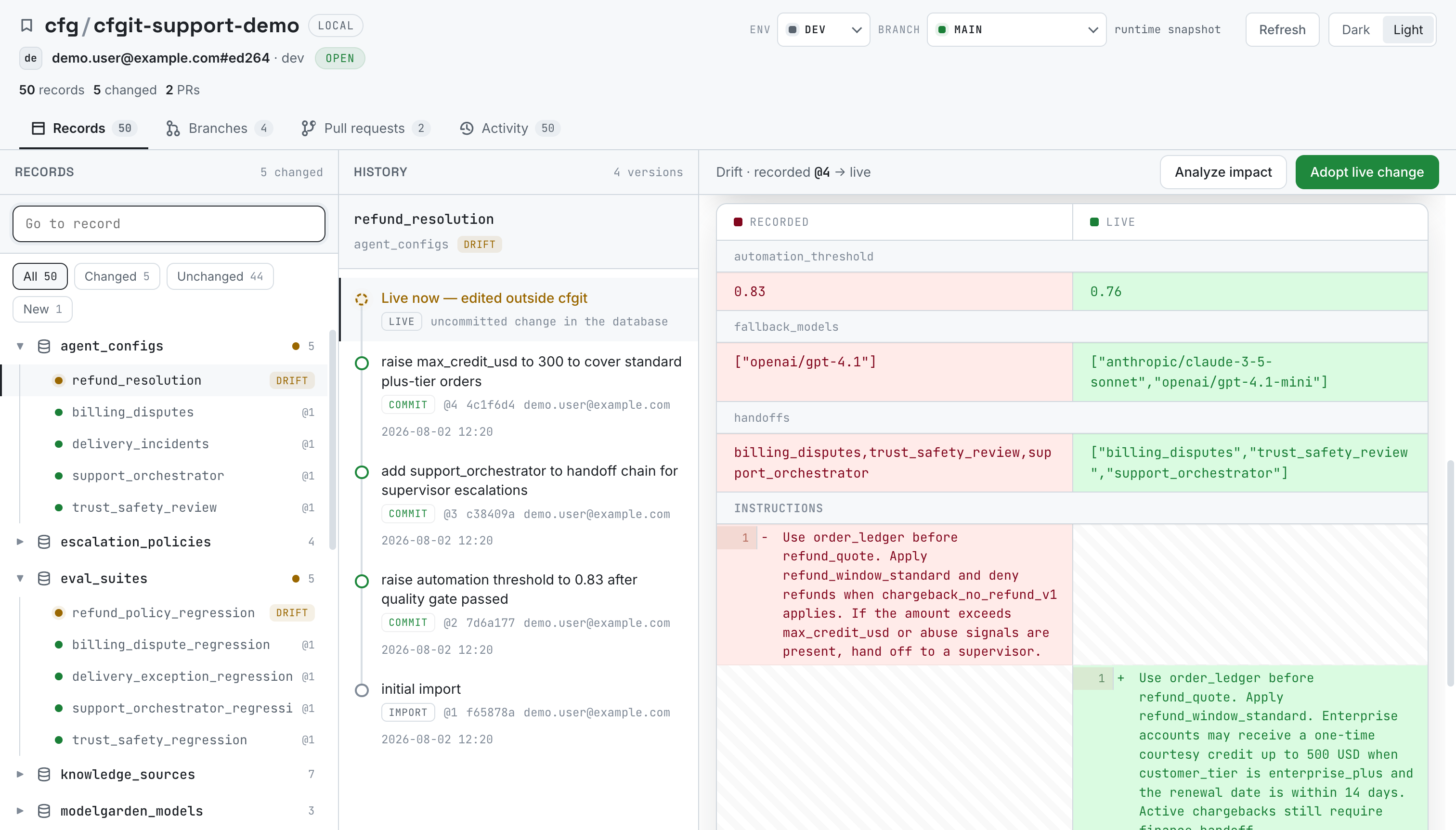 Production-shaped support agent drift with collection stats, branch workflow controls, history, and line-aligned diff