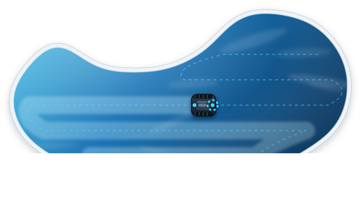 A robotic cleaner tracing a coverage path across a kidney-shaped pool