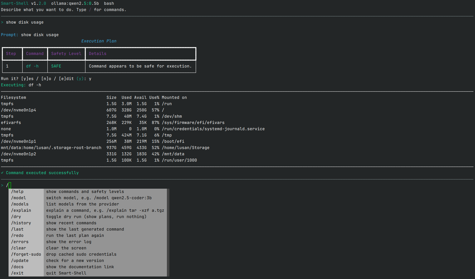 Smart-Shell: plan preview, yes/no/edit prompt, live output and the / command menu