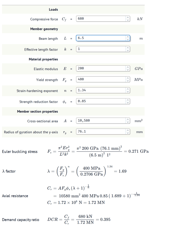 Increasing the beam length recomputes the Euler buckling stress, lambda factor, axial resistance, and demand-capacity ratio, with DCR rising past 1.0.