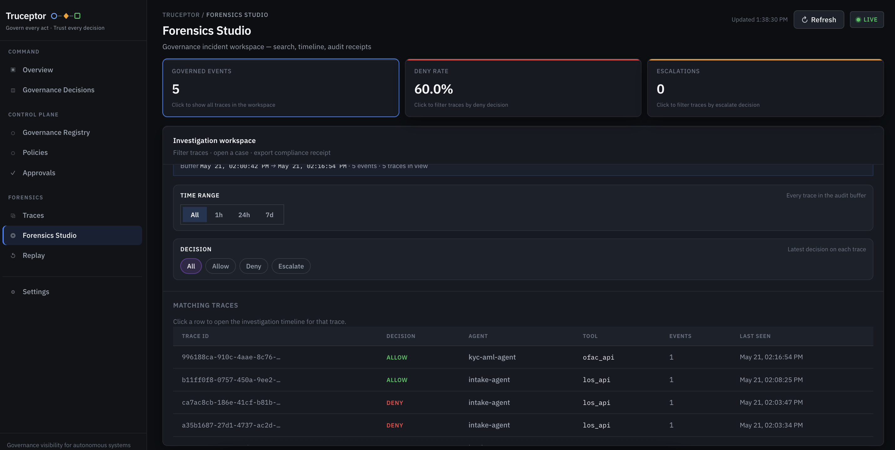 Forensics Studio — timeline search and audit export
