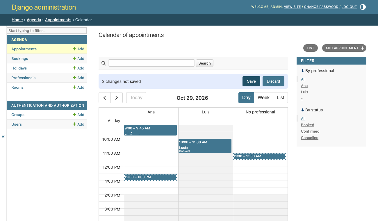 Two appointments moved, waiting: "2 changes not saved", Save, Discard