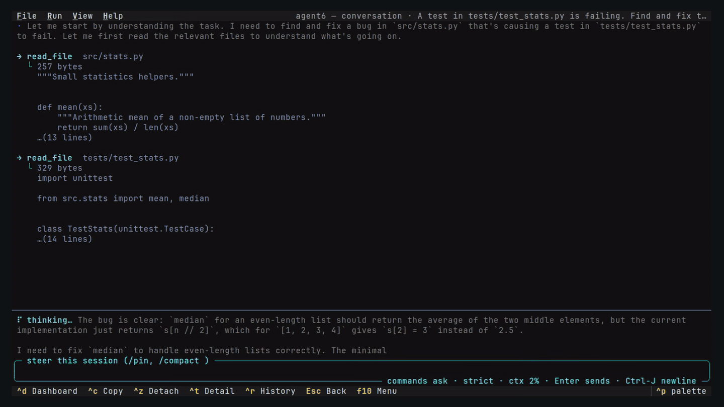 the run TUI: conversation streaming, an approval modal, verify + auto-commit, the hub receipt