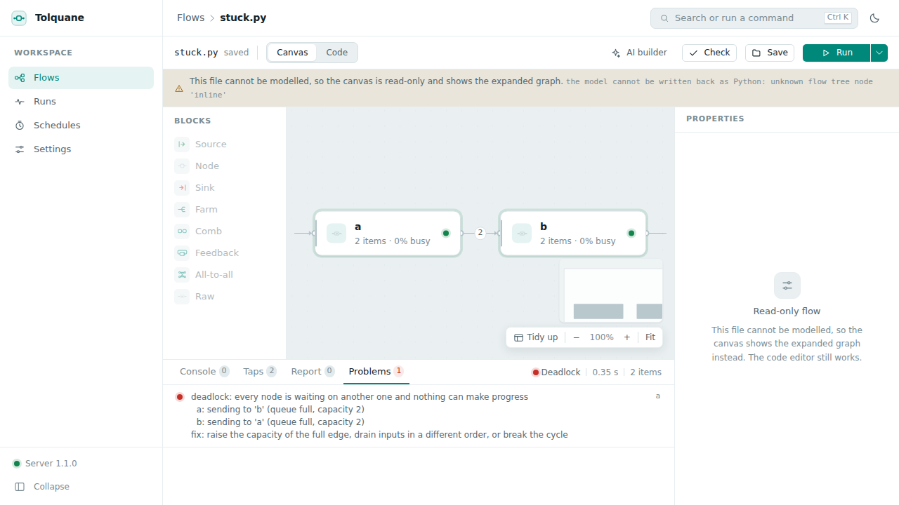 A deadlock report in the Problems tab, naming the nodes and what each was waiting for