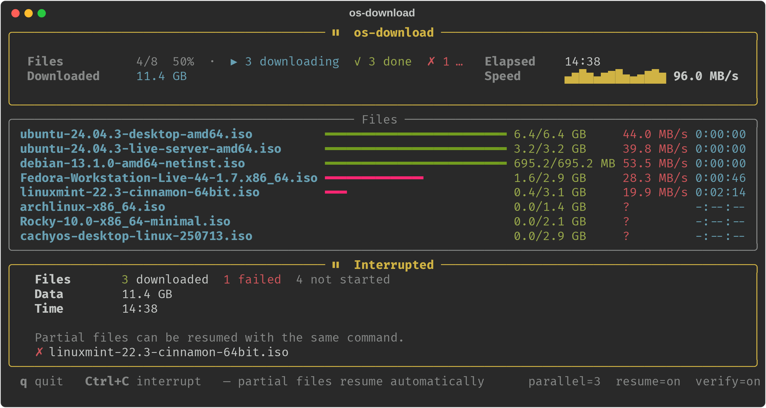 os-download live dashboard showing completed, queued, and interrupted downloads