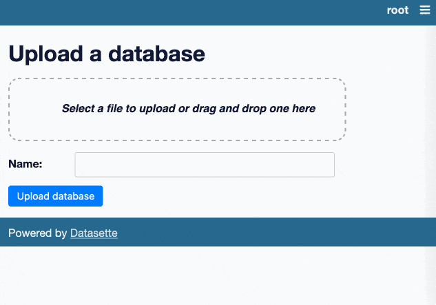 Animated demo showing a file being dropped onto a box, then uploading and redirecting to the database page