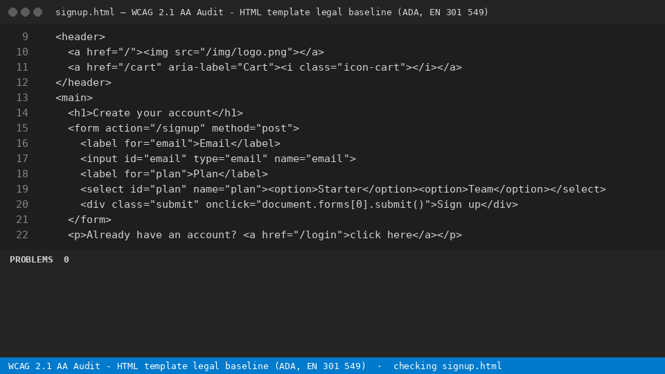 WCAG 2.1 AA Audit - HTML template legal baseline (ADA, EN 301 549) — finds the line