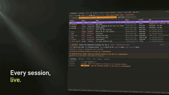 Bitácora desktop app with generated demo sessions, looping: live runs, command output and file changes