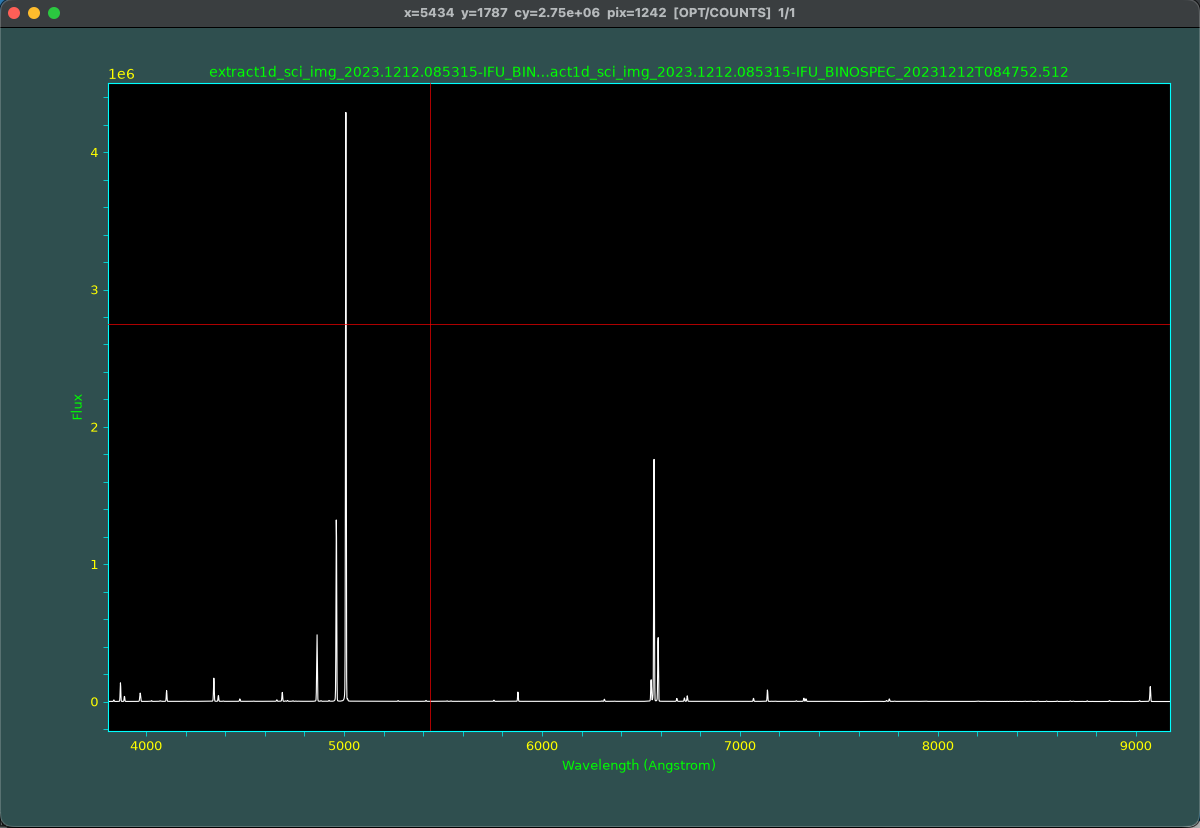 The specterm1d graphics window showing a BINOSPEC IFU extraction in xgterm colours: a cyan box on black, yellow tick numbers, a white spectrum, and a red crosshair