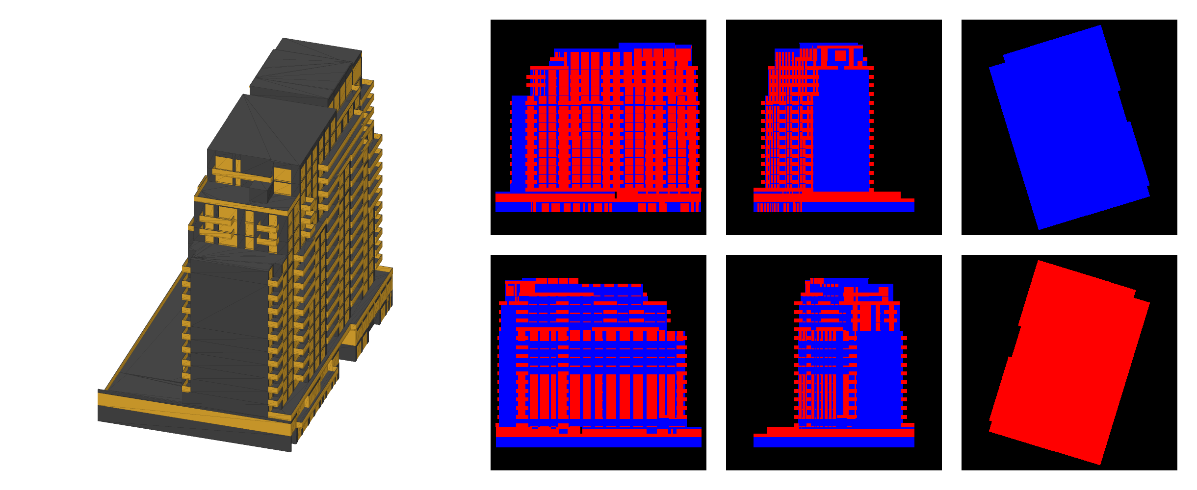 Six views, fronts red and backs blue
